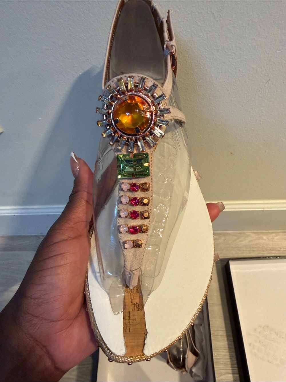 Boutique 9 Pink Patent T-Strap Flat with Multicolor Gem Accents